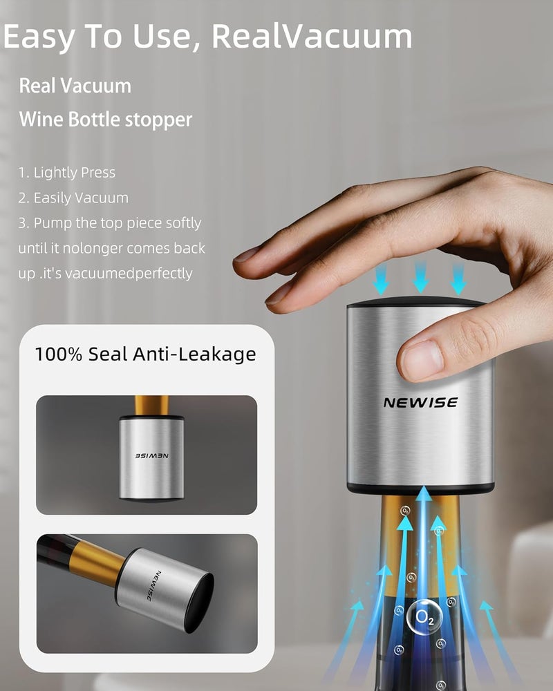 Newise Rechargeable Electric Wine Gift Set: Wine Opener, Aerator, Vacuum Stoppers & Foil Cutter - Wine Lovers Gifts for Women Men - Christmas & White Elephant Gifts - Image 5
